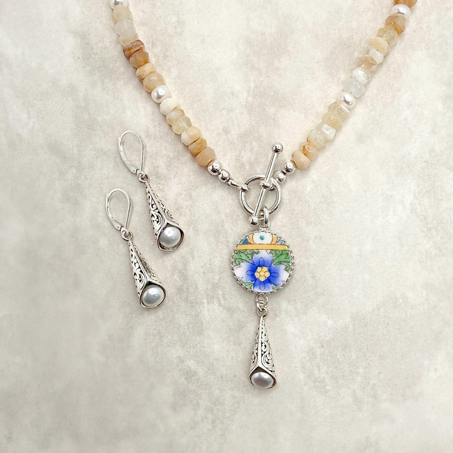 Unique 20th Wedding Anniversary Gifts for Wife, One-of-a-Kind, Jade and Pearl Broken China Jewelry Set, Unique Vintage Gifts for Her