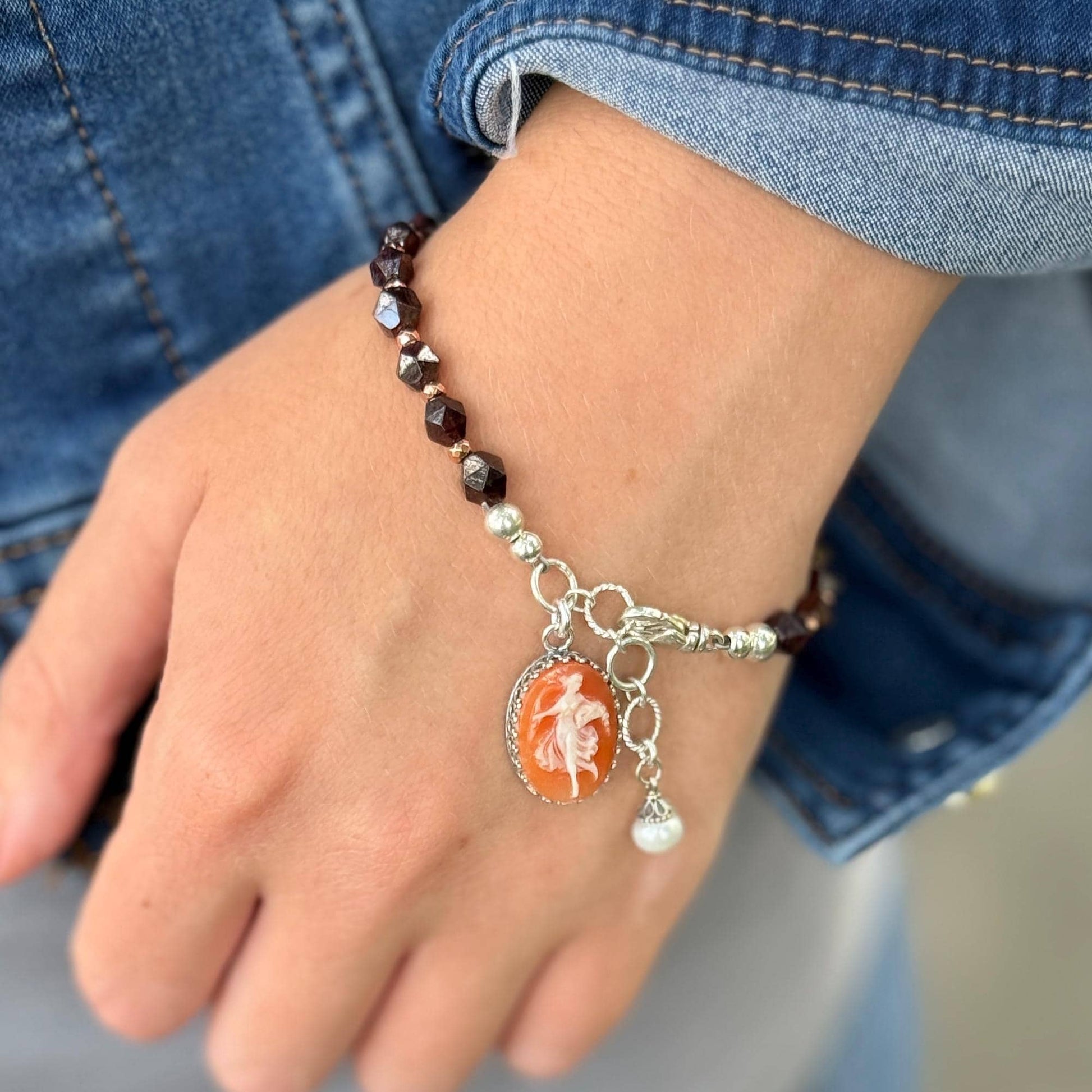 Dancing Fairy Cameo Bracelet, Real Vintage Italian Shell Cameo, Garnet and Pyrite, Pearl Drop Adjustable Bracelet, Gifts for Women