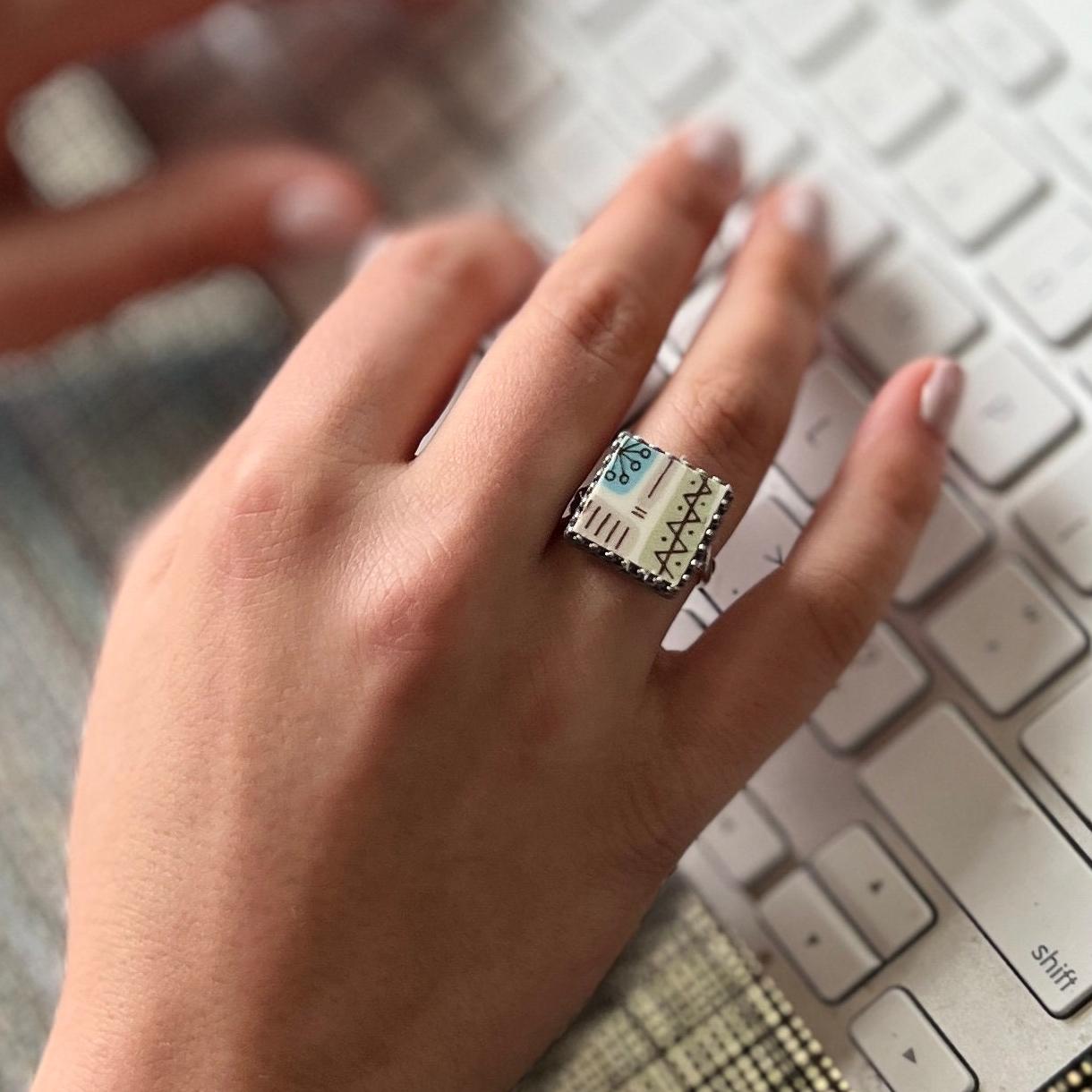 1960s Mid Century Modern Temporama China, Sterling Silver Adjustable Square Ring, Broken China Jewelry
