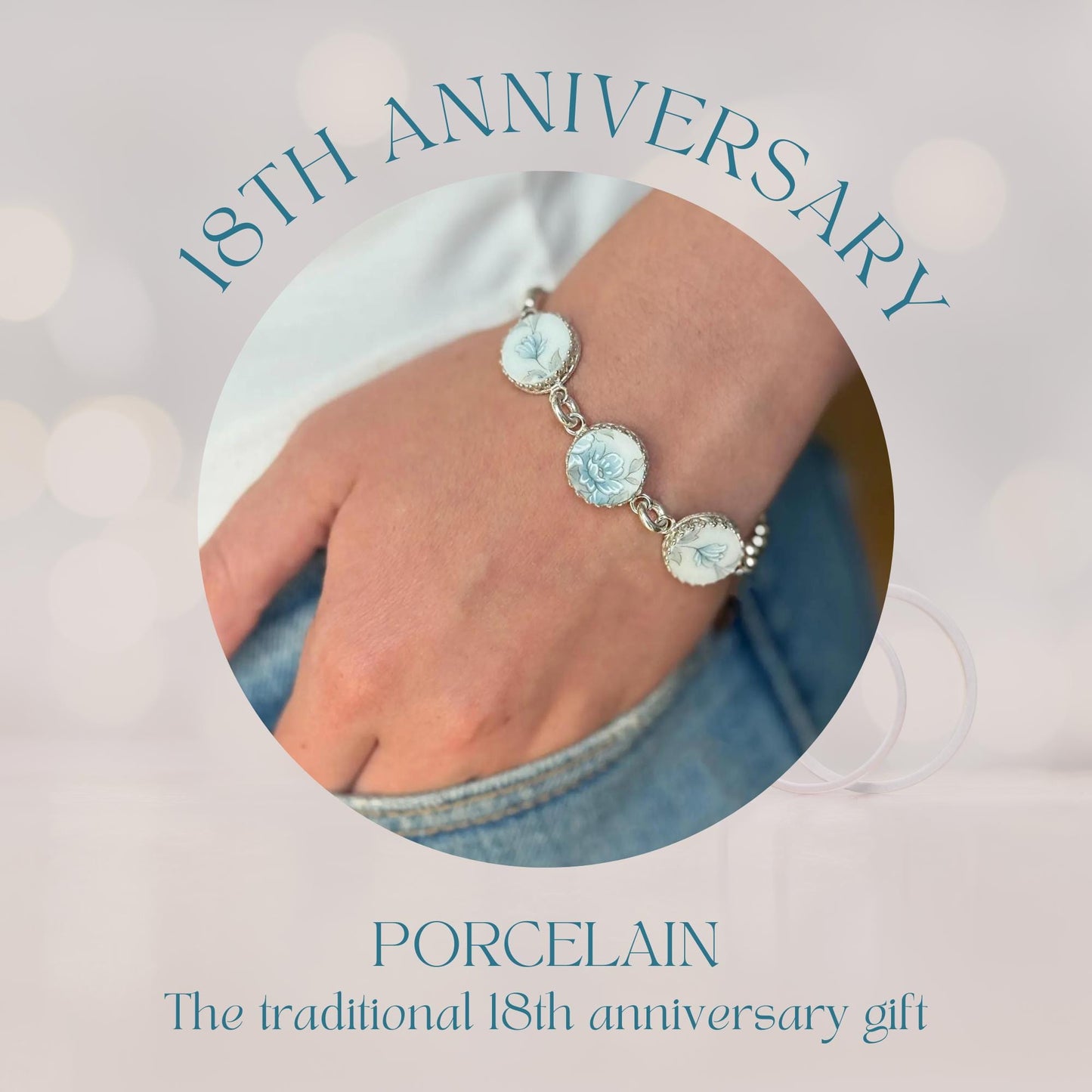 Japanese Porcelain 18th Anniversary Gift for Wife, Keepsake Vintage Broken China Jewelry Bracelet, Unique Gifts for Women, Sterling Silver