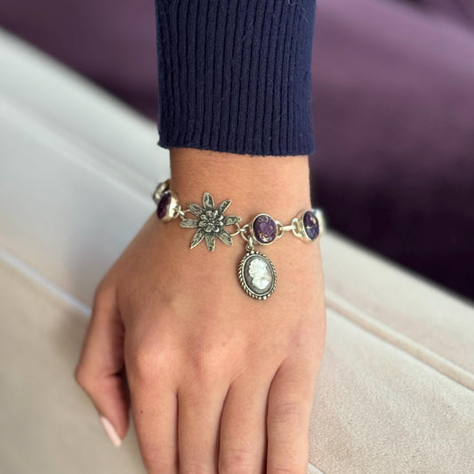 One-of-Kind Cameo Bracelet, Copper Turquoise and Mother of Pearl, Sterling Silver, Unique Gifts for Her
