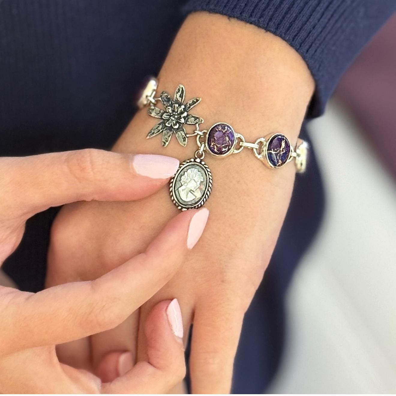 One-of-Kind Cameo Bracelet, Copper Turquoise and Mother of Pearl, Sterling Silver, Unique Gifts for Her