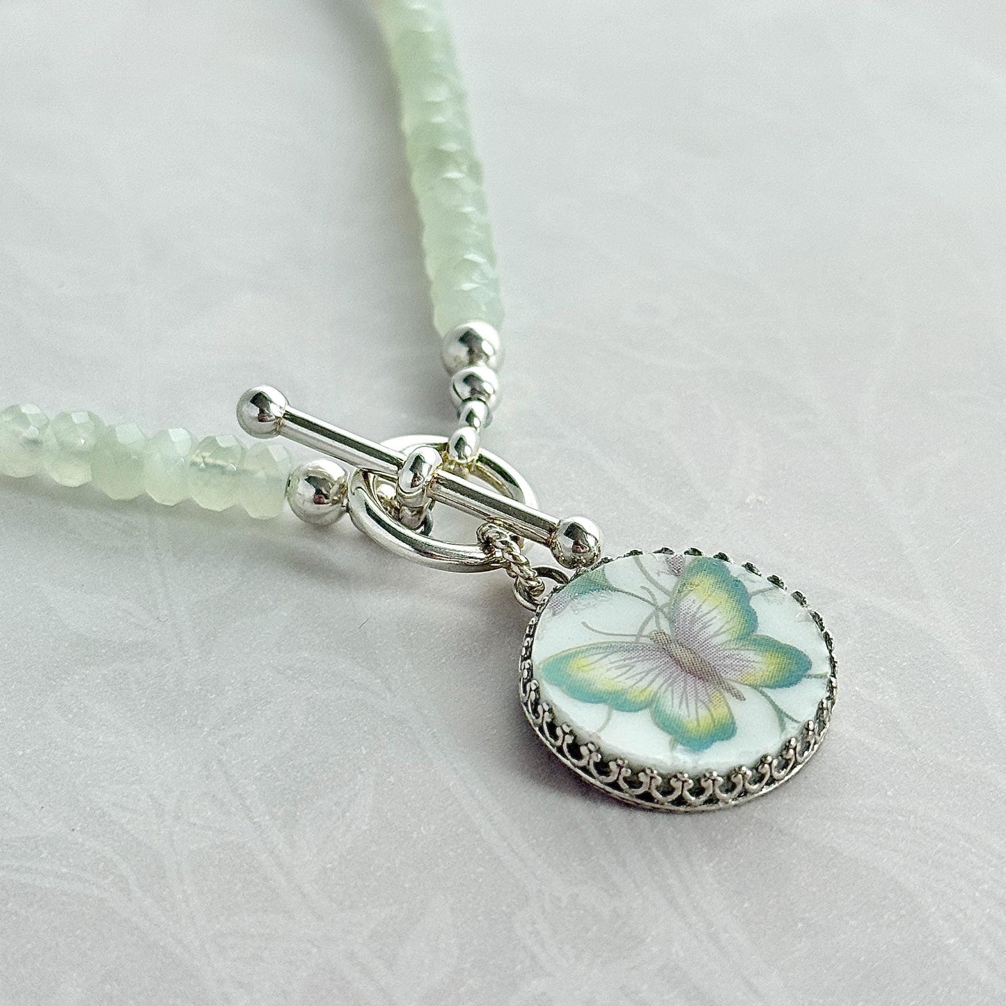 Butterfly Toggle Necklace, Vintage Porcelain Jewelry, 18th Anniversary Gifts for Wife, Jade Gemstone Statement Necklace