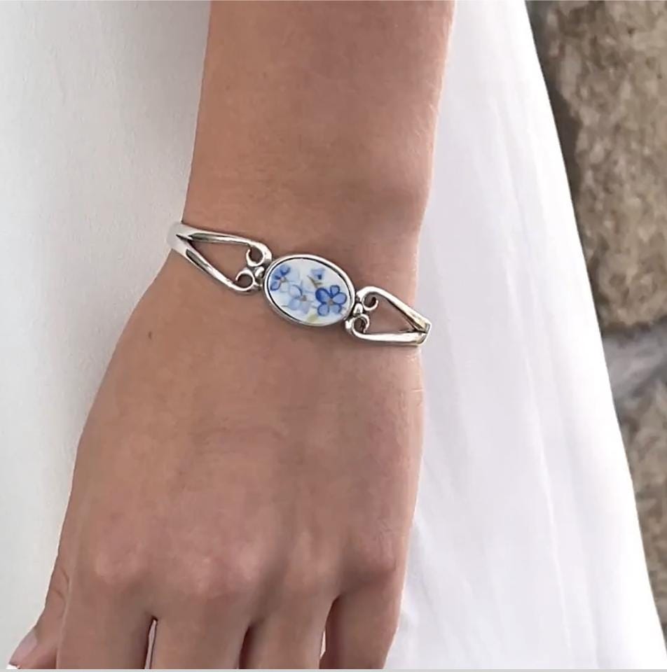 Forget Me Not China Cuff Bracelet, 20th Anniversary Gifts for Wife, Blue Flower Vintage Broken China Jewelry, Sterling Silver