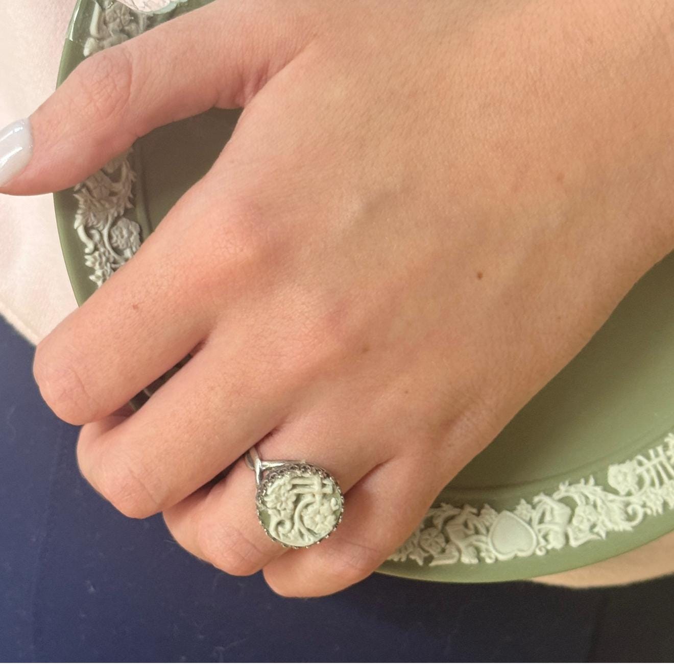 Adjustable Vintage Wedgwood Ring, Broken China Jewelry, Sage Green Jasperware, Victorian Jewelry, Unique Gifts for Women