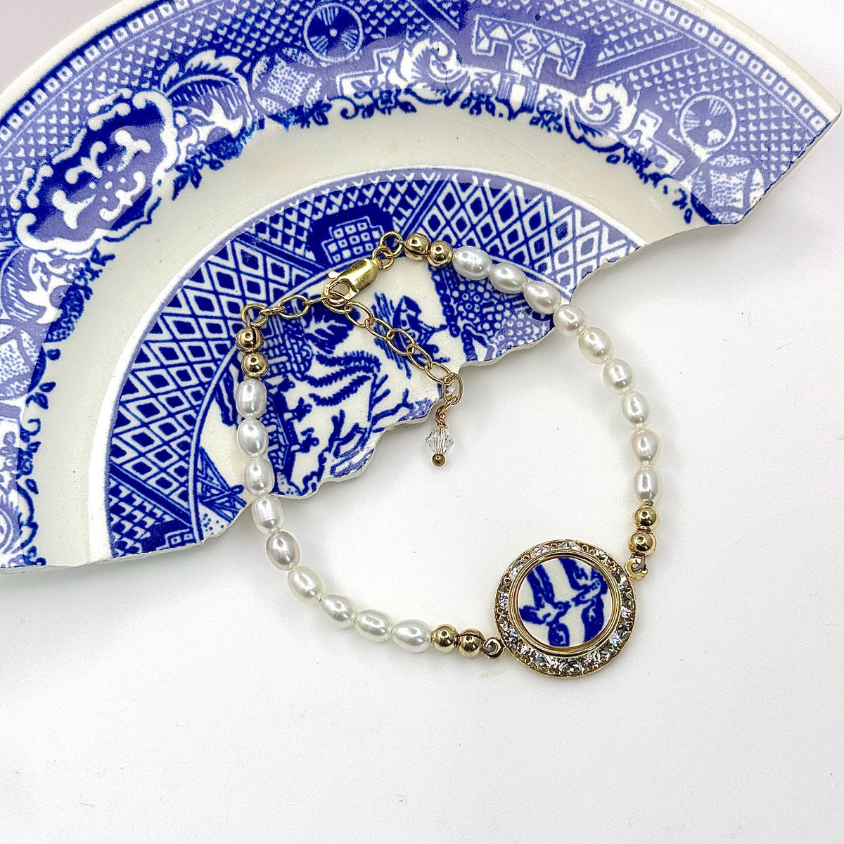 CUSTOM ORDER Gold Crystal Charm Bracelet, Custom Broken China Family Jewelry Made From Your China