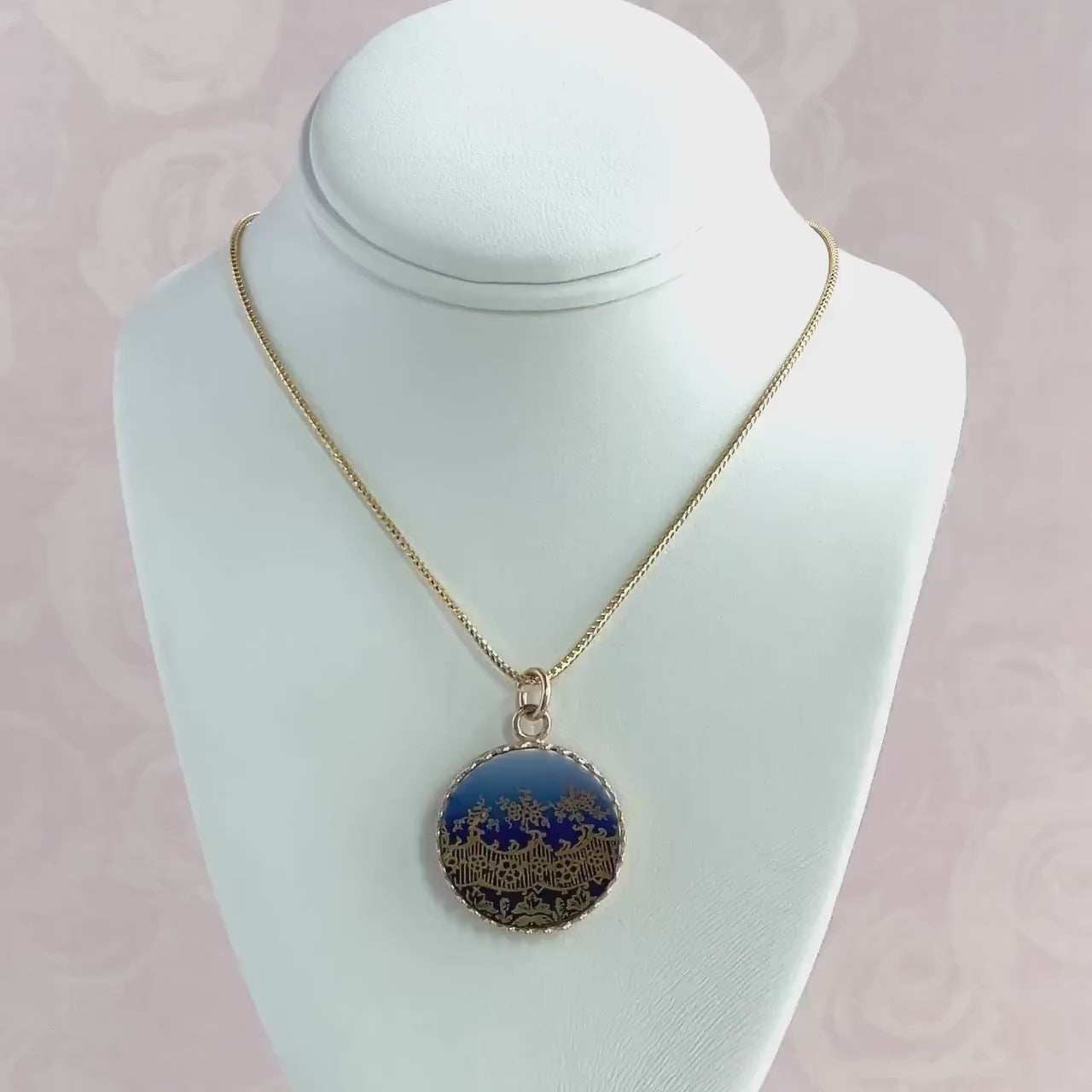 14k Gold Pendant or Necklace, Antique Flow Blue Porcelain, 18th  Anniversary Gift for Wife