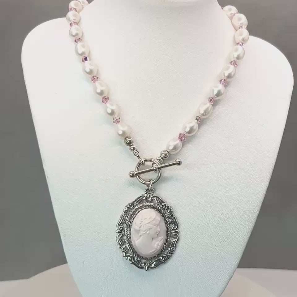 One-of-a-Kind Pink Cameo Statement Necklace, Italian Shell Cameo, Victorian Pearl Necklace, Sterling Silver, Gifts for Her