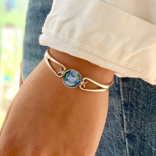 Royal Albert Moonlight Rose China Bracelet, Sterling Silver Broken China Jewelry, Blue Rose Jewelry, Graduation Gifts for Women
