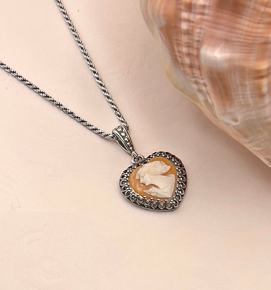 Vintage Shell Cameo Heart Necklace, Real Cameo Jewelry, Dainty Victorian Wedding Necklace