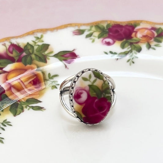 Old Country Roses Broken China Jewelry, Unique Christmas Gifts for Women, Adjustable Silver Rose Ring, Royal Albert China, Stocking Stuffer