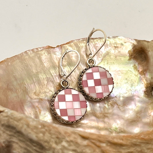 Vintage Pink Mother of Pearl Earrings, Shell Jewelry, Sterling Silver Lever Back Ear Wires