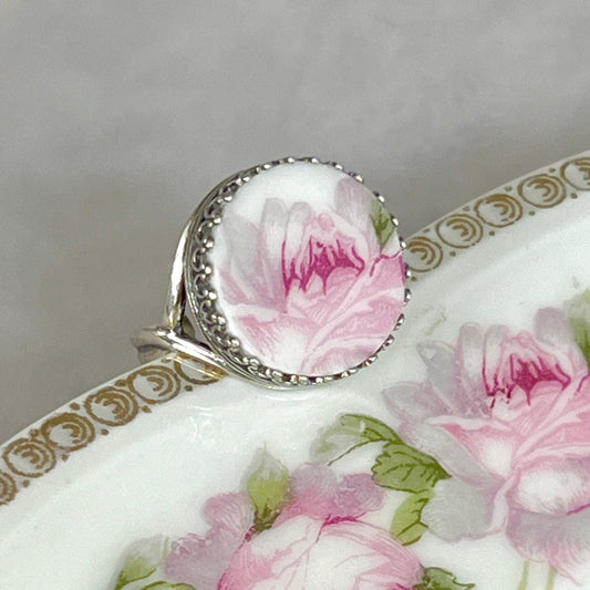 Vintage China Pink Rose Ring, Victorian Rose Jewelry, Sterling Silver Adjustable Statement Ring for Women