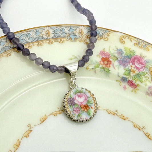 Sterling Silver Porcelain Pink Rose  Necklace, 18th Anniversary Gift for Wife, Cats Eye Gemstone Jewelry
