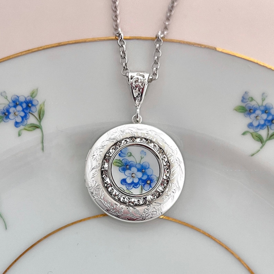 Romantic Photo Locket Necklace - Vintage Forget Me Not Broken China Jewelry