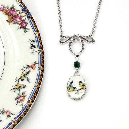 Emerald 20th Anniversary China Gift for Wife, Victorian Love Birds Broken China Jewelry, Gemstone Necklace
