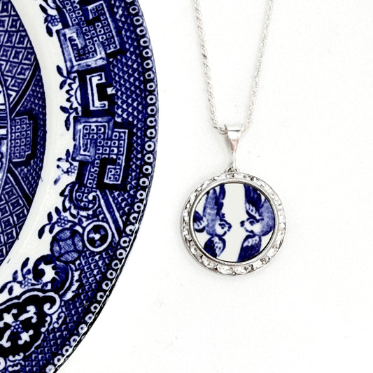 Love Birds China Necklace Broken China Jewelry Romantic 20th Anniversary Gift for Wife Vintage Blue Willow Ware China