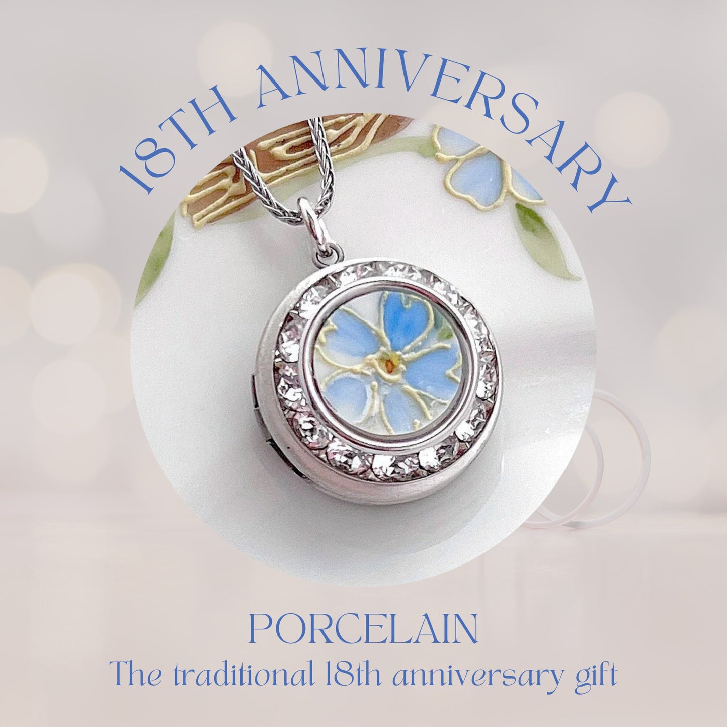 18th Anniversary Porcelain Gift of Love for Wife, Locket Necklace, Hand Painted Forget Me Not