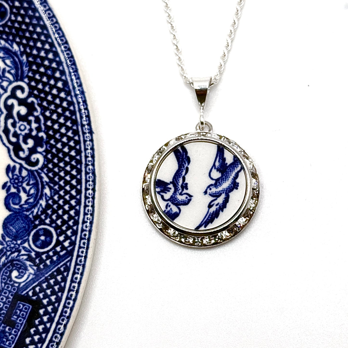 20th Anniversary Gift Necklace - Romantic Love Birds Broken China Jewelry for Wife