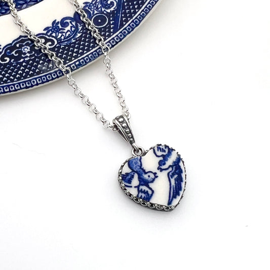 Blue Willow Love Birds Heart Necklace