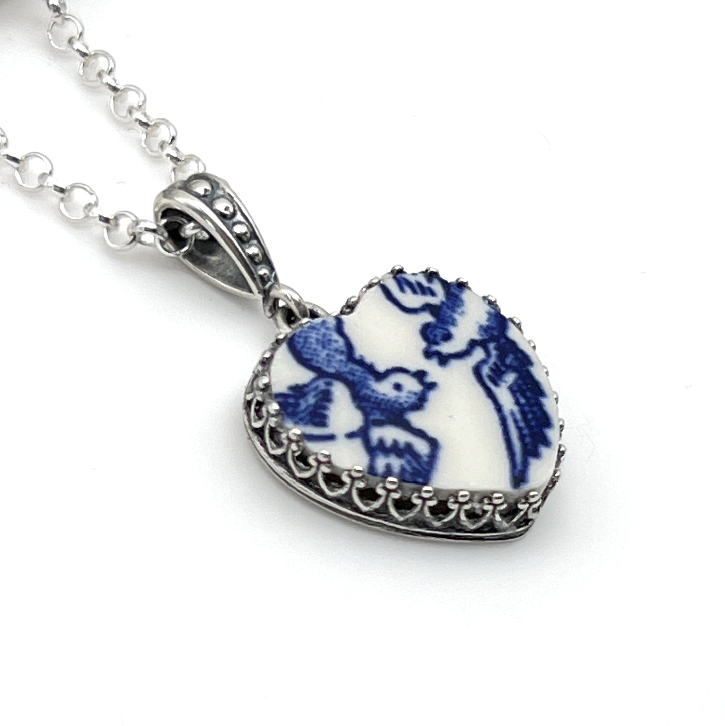 Blue Willow Love Birds Heart Necklace
