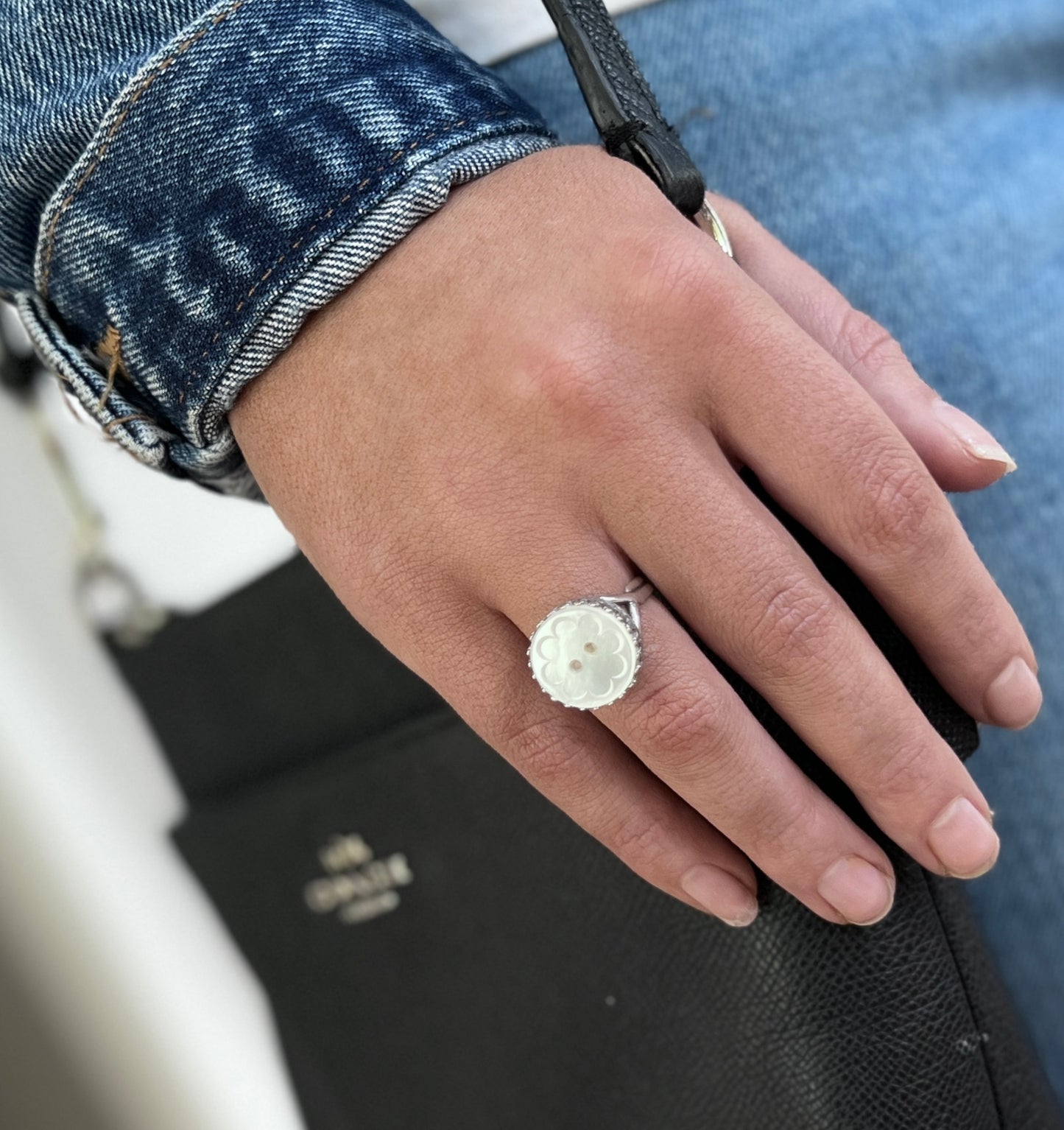 Vintage Mother of Pearl Shell Button Jewelry, Sterling Silver Adjustable Rings for Women, Unique Mom Gift