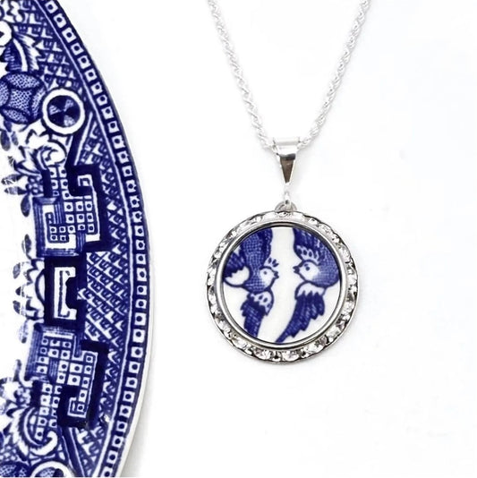 20th Anniversary Gift Necklace - Romantic Love Birds Broken China Jewelry for Wife