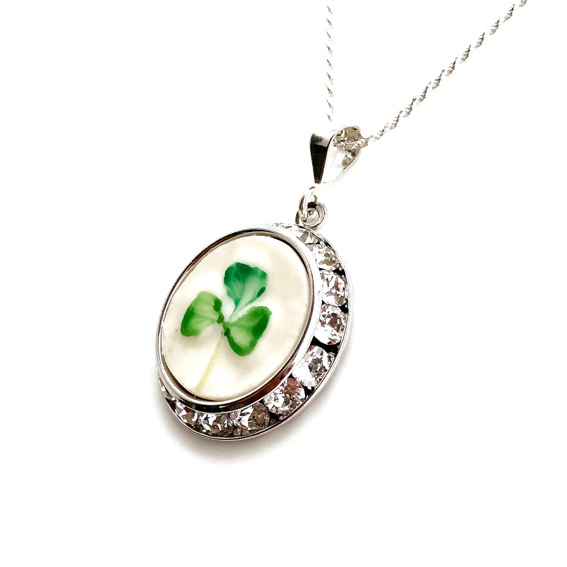 Irish Jewelry, St Patricks Day Crystal Necklace, Repurpsed Belleek Broken China Jewelry, Anniversary Gift for Wife