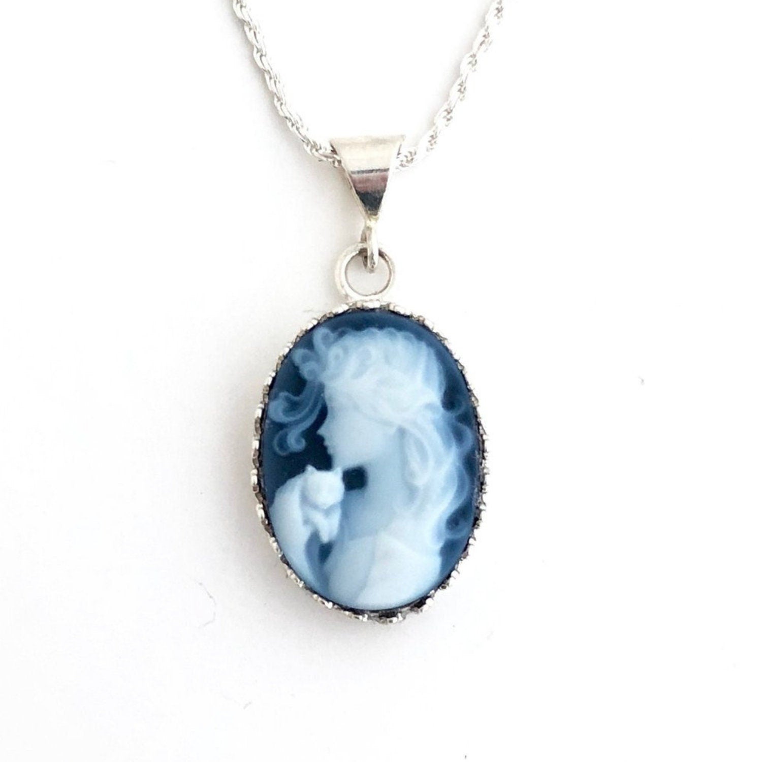 Cat Cameo Necklace, Cat Jewelry, Unique Gifts for Women, Blue Cameo Pendant, Sterling Silver, Woman Holding Cat