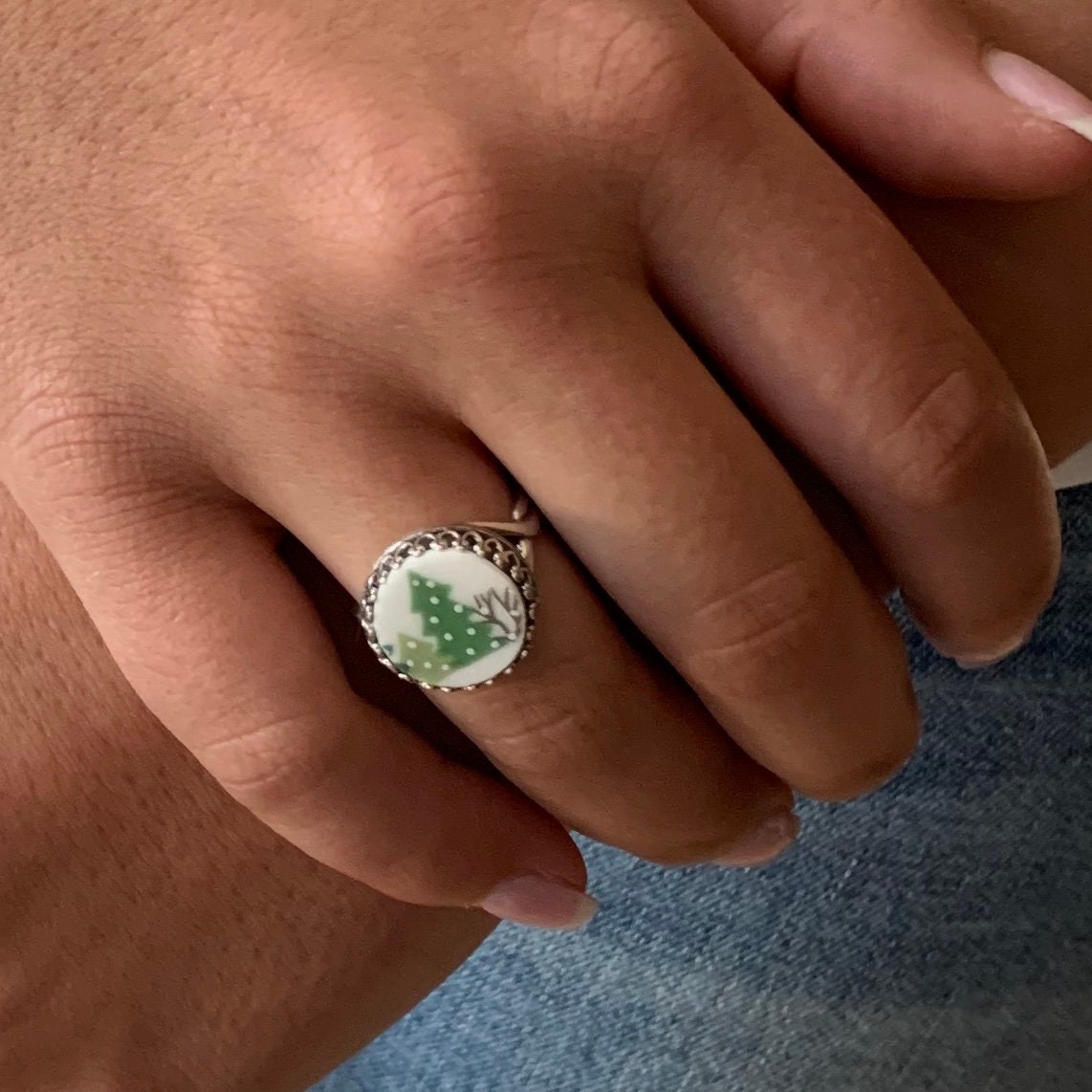 Barn Snow Scene, Christmas Tree Ring, Lenox Sleigh Ride Broken China Jewelry Sterling Silver Ring