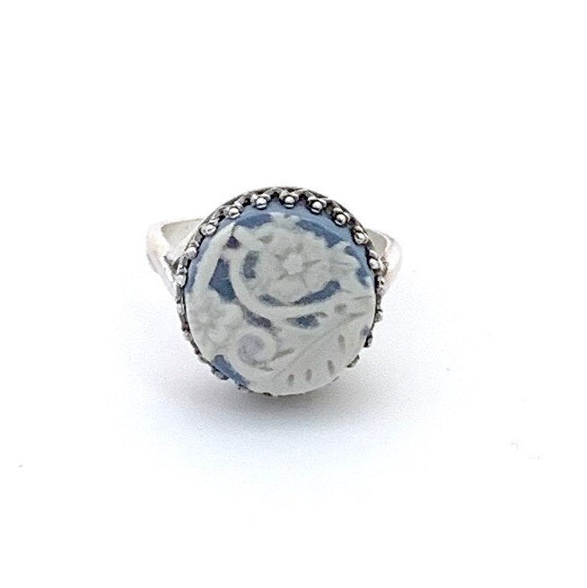 Blue Wedgwood Jasperware, Boho Chic Ring, Broken China Jewelry, Adjustable Ring, Sterling Silver, Unique Gifts for Women