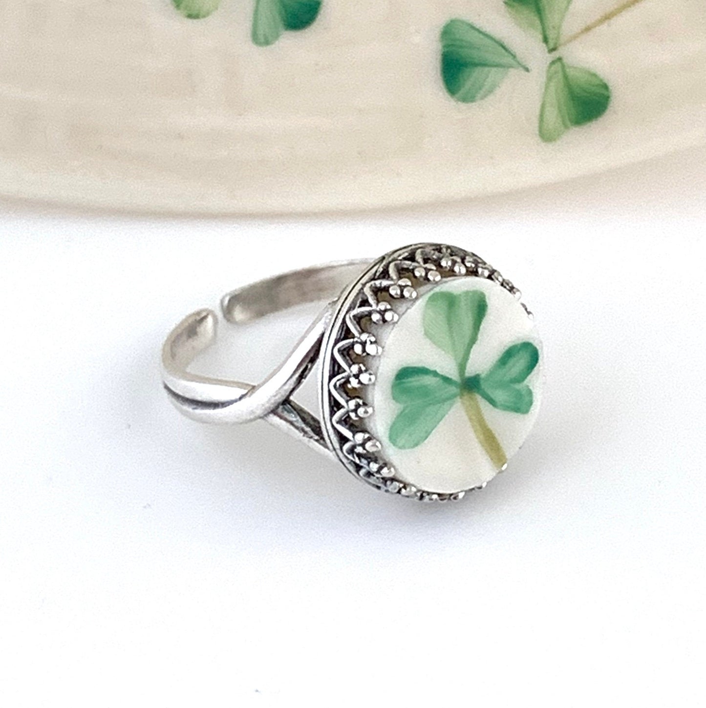 Sterling Silver Irish Ring, Belleek Broken China Jewelry, Celtic Ring, Adjustable Ring, Unique Gifts for Women, Clover Ring, Good Luck Gifts