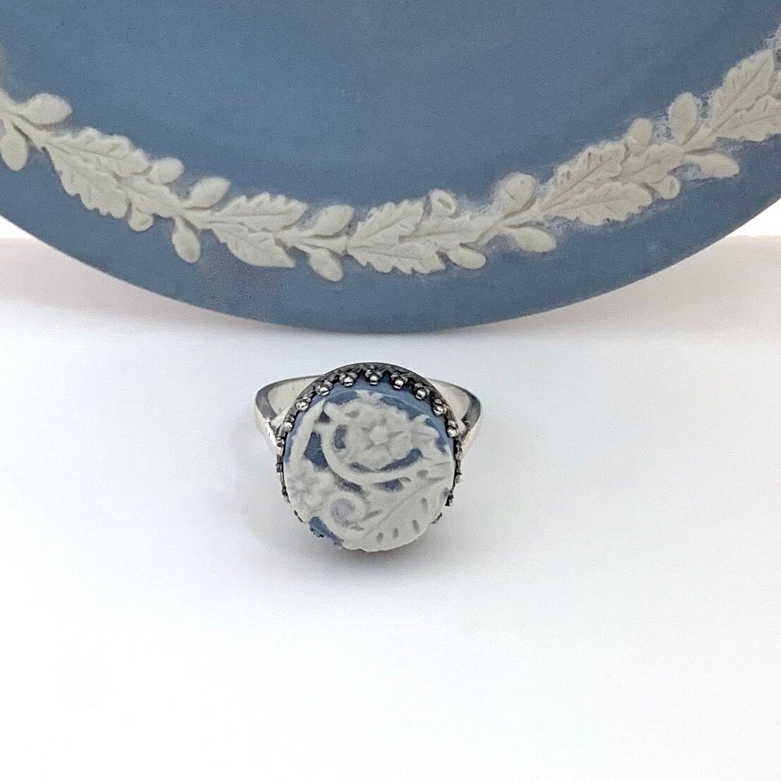 Blue Wedgwood Jasperware, Boho Chic Ring, Broken China Jewelry, Adjustable Ring, Sterling Silver, Unique Gifts for Women