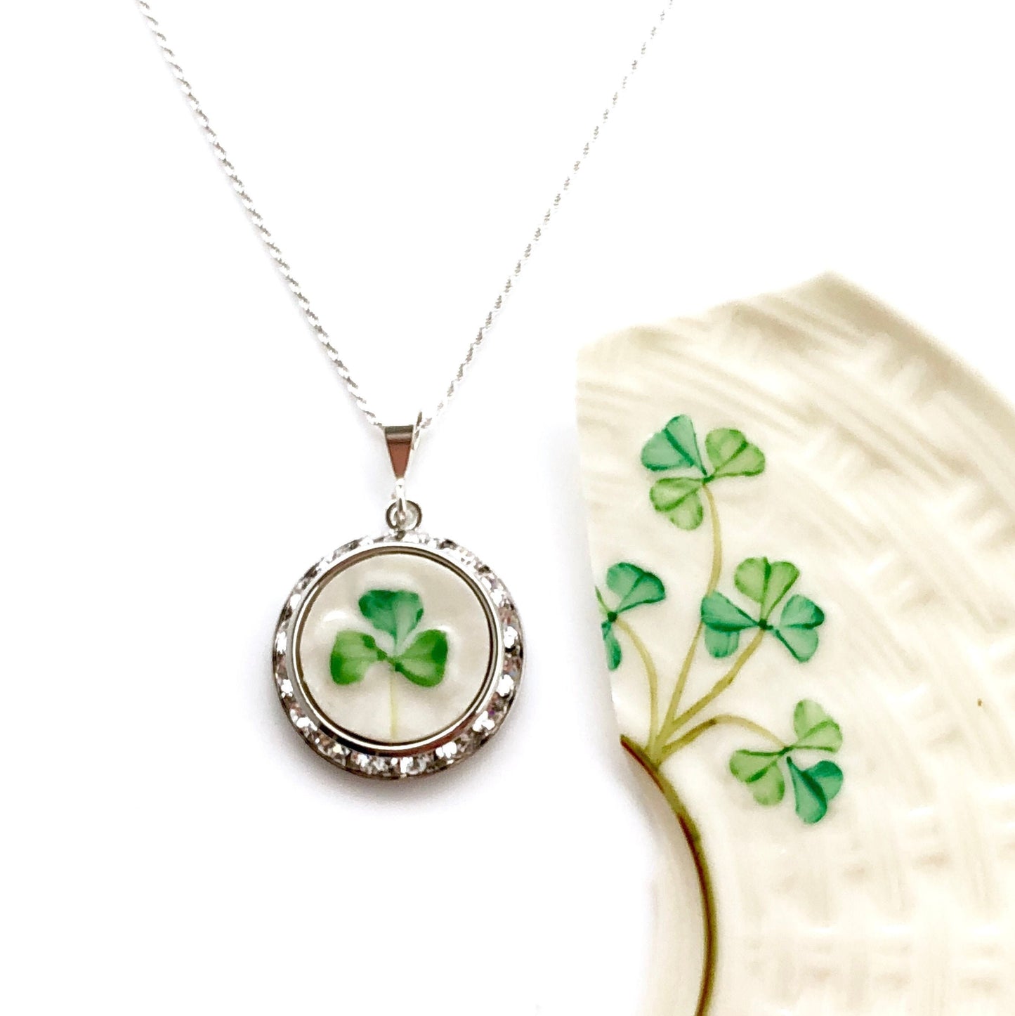 Irish Jewelry, St Patricks Day Crystal Necklace, Repurpsed Belleek Broken China Jewelry, Anniversary Gift for Wife