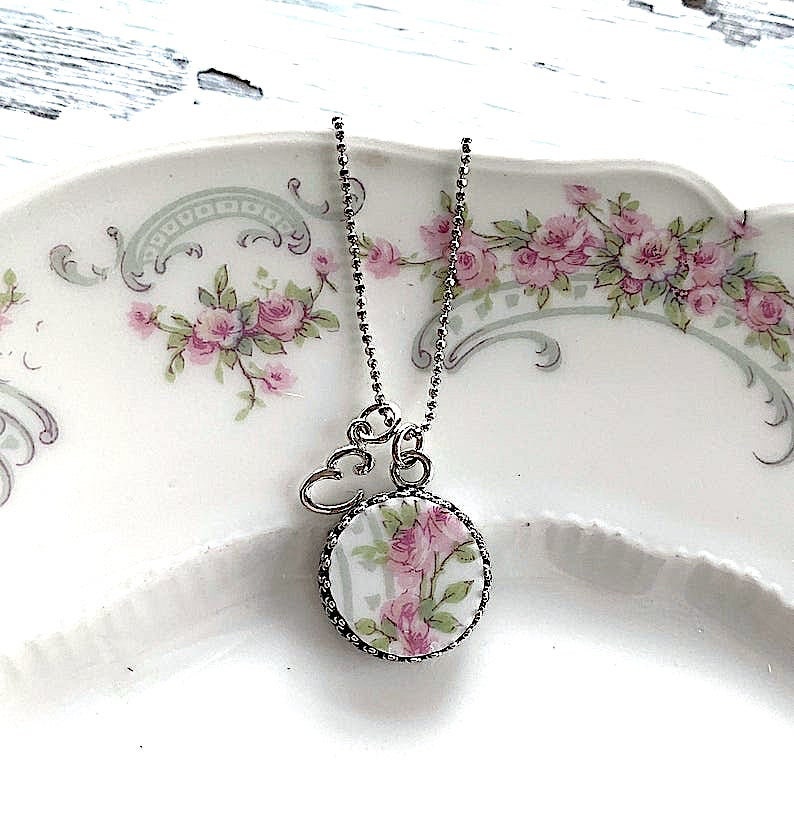 Dainty Initial E Necklace, Broken China Jewelry, Personalized Gift for Women, Pink Rose Limoges Necklace