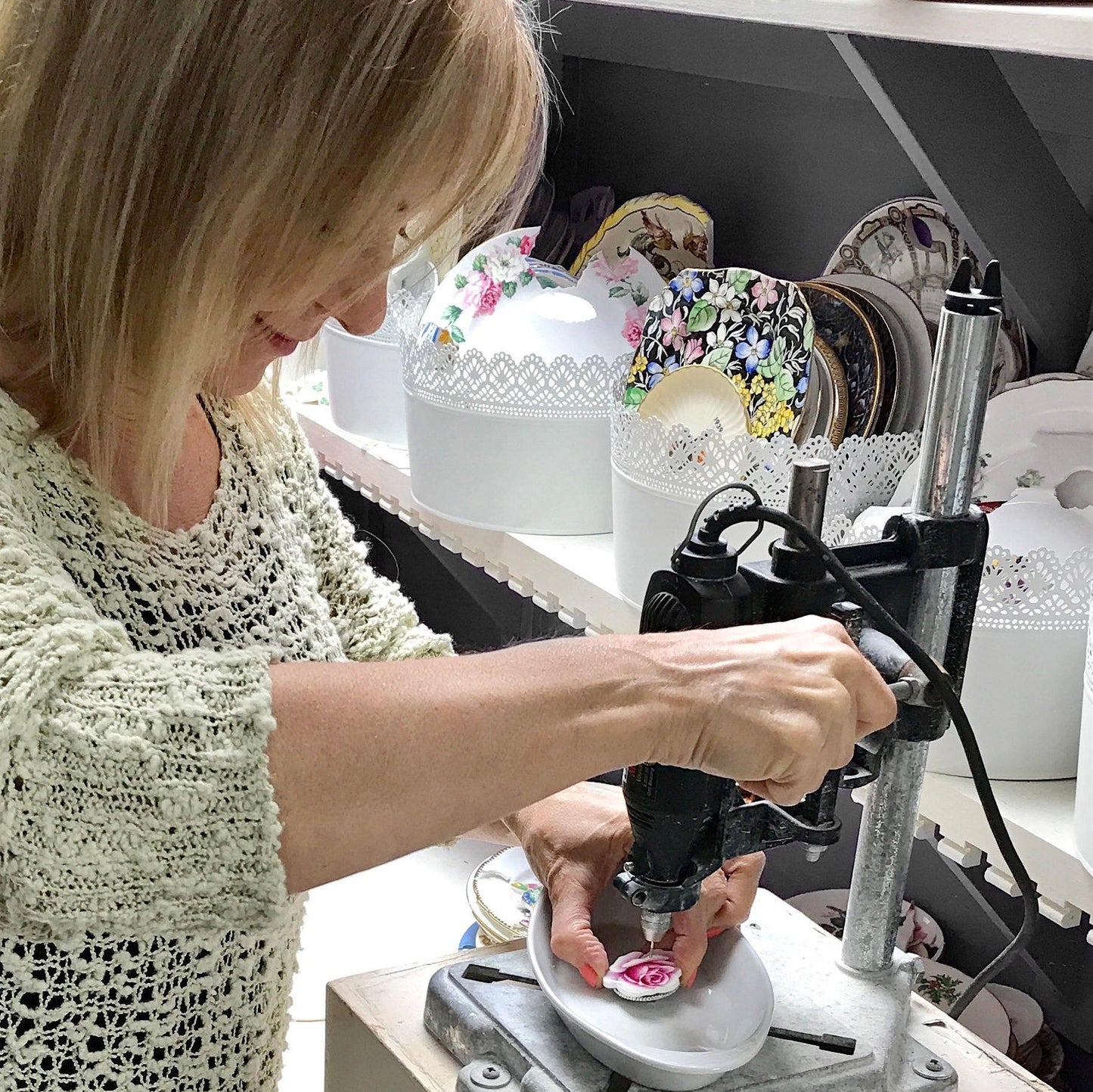 Victorian Pin, Santa Broken China Jewelry, Sterling Silver, Spode Christmas Tree