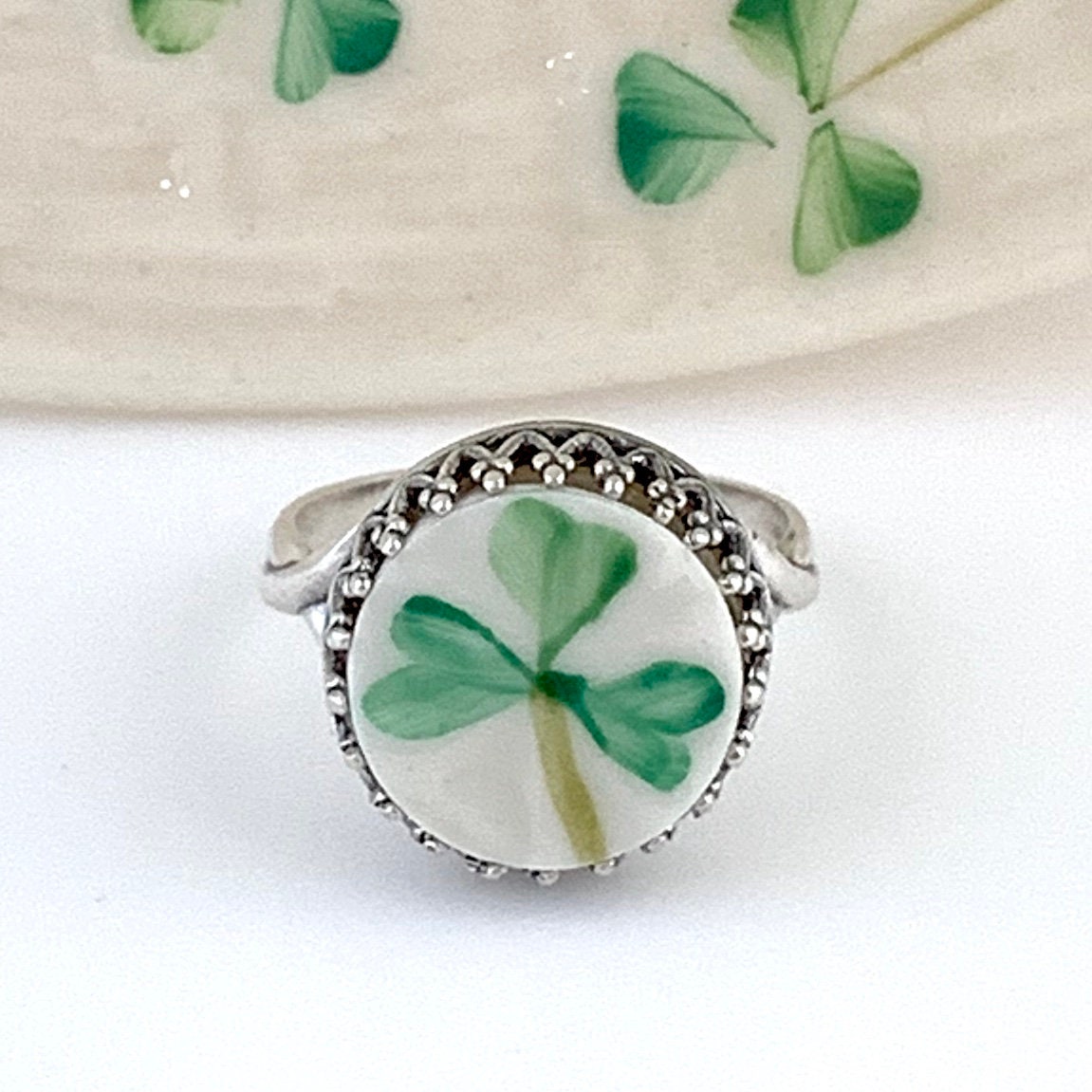 Sterling Silver Irish Ring, Belleek Broken China Jewelry, Celtic Ring, Adjustable Ring, Unique Gifts for Women, Clover Ring, Good Luck Gifts