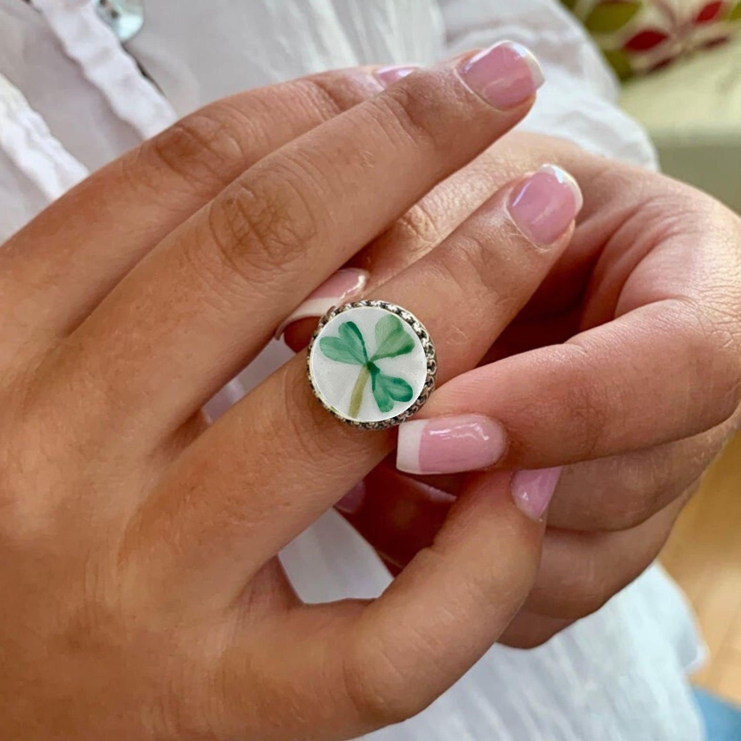 Sterling Silver Irish Ring, Belleek Broken China Jewelry, Celtic Ring, Adjustable Ring, Unique Gifts for Women, Clover Ring, Good Luck Gifts