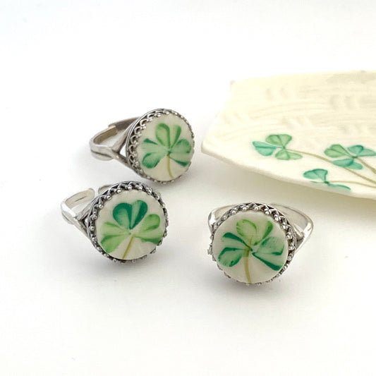 Sterling Silver Irish Shamrock Ring, Belleek Broken China Jewelry, Unique Celtic Gifts for Women