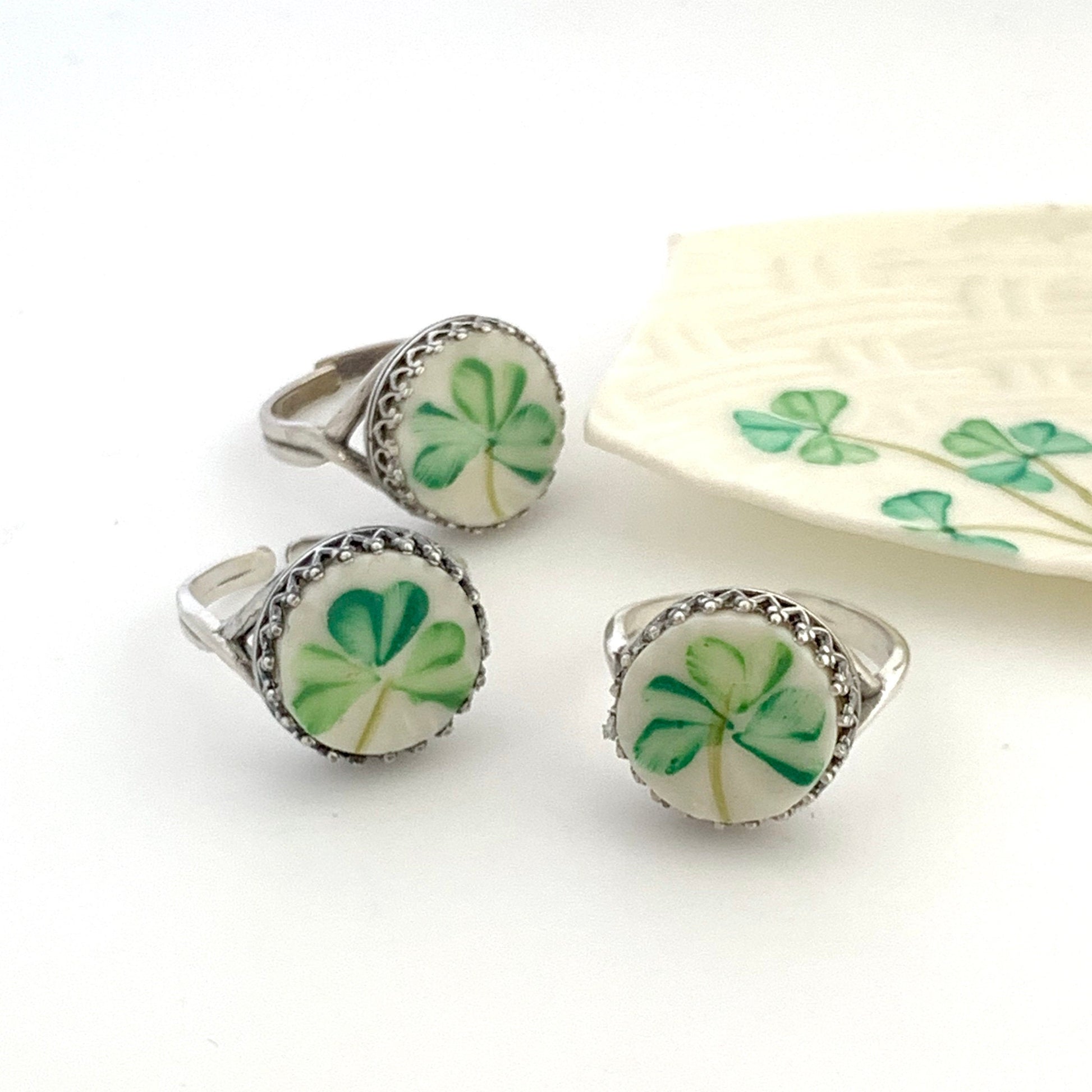 Sterling Silver Irish Ring, Belleek Broken China Jewelry, Celtic Ring, Adjustable Ring, Unique Gifts for Women, Clover Ring, Good Luck Gifts