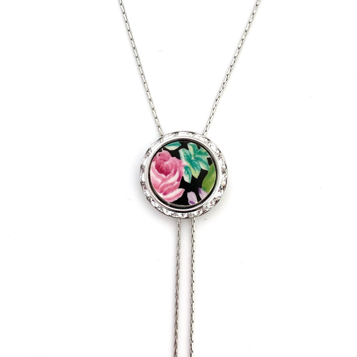 Rose Chintz Bolo Tie for Women, Crystal Necklace, Vintage Broken China Jewelry, Unique Gifts for Women