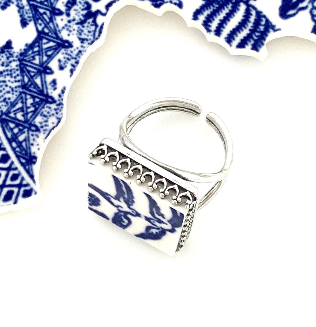 Blue Willow Love Birds Silver Ring