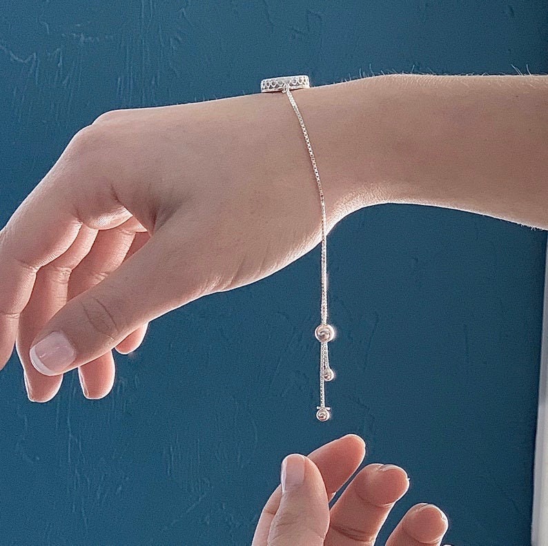 Dainty Forget Me Not Adjustable Bolo Bracelet, Broken China Jewelry, Sterling Silver