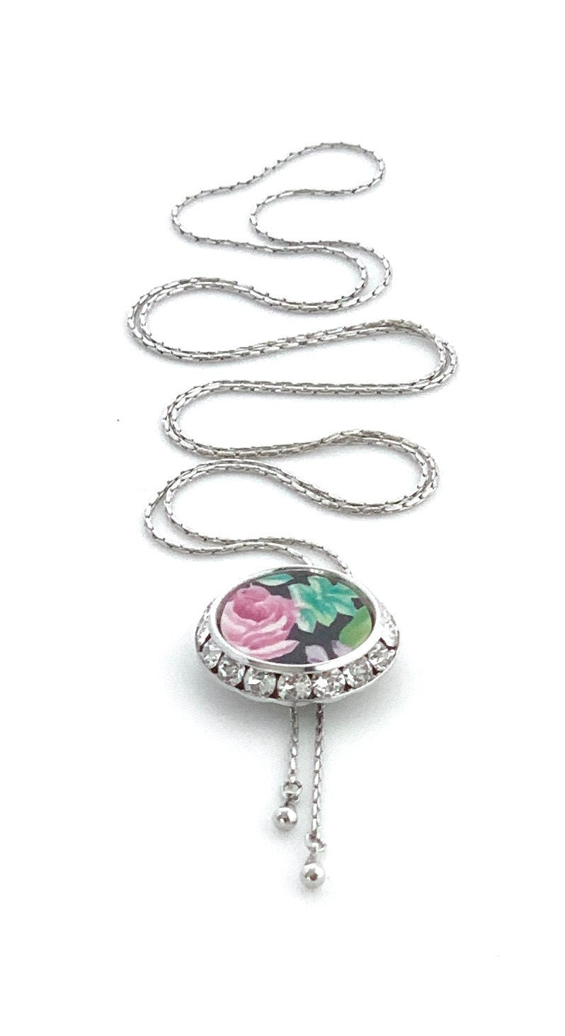 Rose Chintz Bolo Tie for Women, Crystal Necklace, Vintage Broken China Jewelry, Unique Gifts for Women