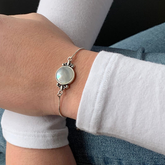 Mother of Pearl Bracelet, Bolo Bracelet, Dainty Adjustable Bracelet, Sterling Silver Bracelet, Unique Jewelry Gifts for Women