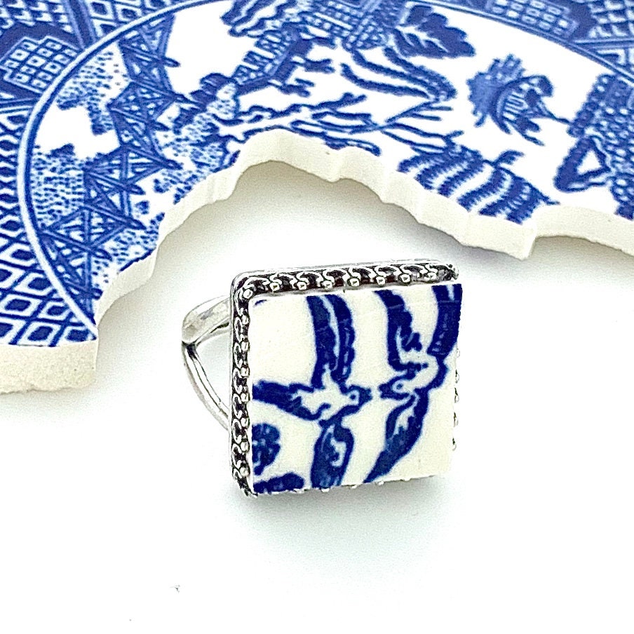 Blue Willow Love Birds Silver Ring