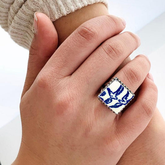 Blue Willow Love Birds Silver Ring