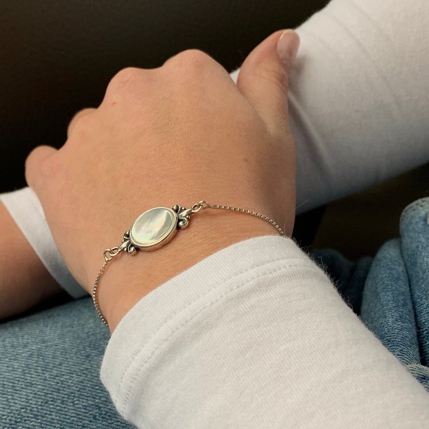 Mother of Pearl Bracelet, Bolo Bracelet, Dainty Adjustable Bracelet, Sterling Silver Bracelet, Unique Jewelry Gifts for Women