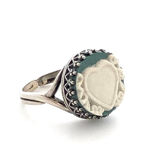 Wedgwood Jasperware Heart Ring, Broken China Jewelry, Adjustable Silver Ring, Unique Gifts for Women