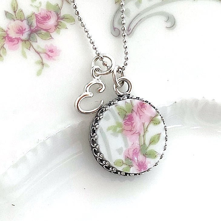 Dainty Initial E Necklace, Broken China Jewelry, Personalized Gift for Women, Pink Rose Limoges Necklace